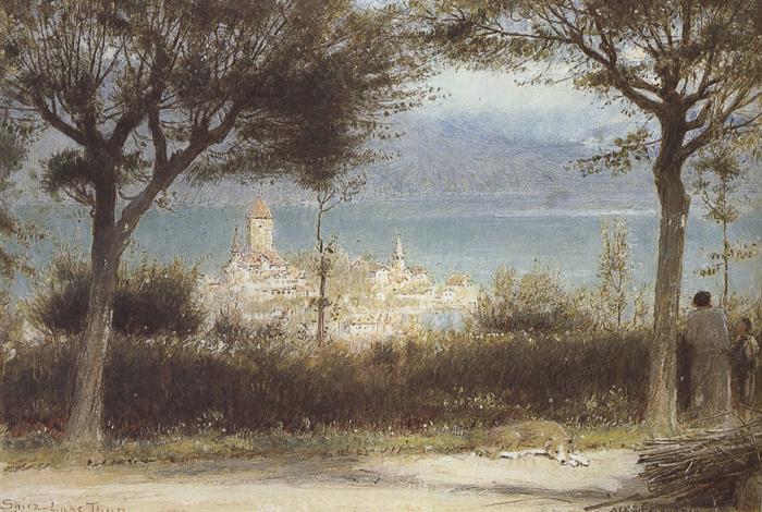 Albert goodwin,r.w.s The Town of Spiez on Lake Thun,Switzerland (mk37) Sweden oil painting art